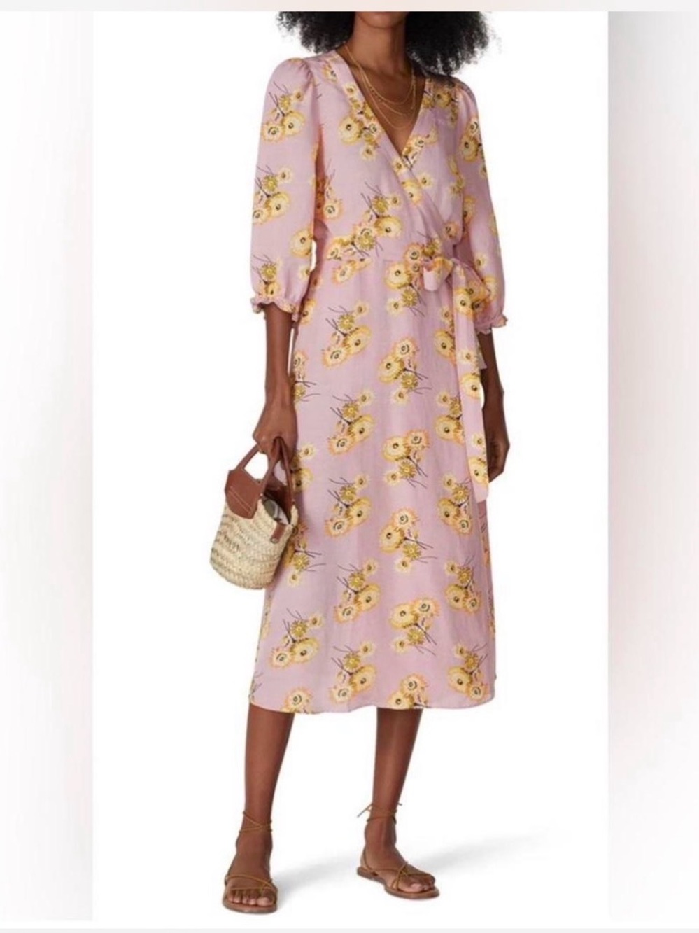 Madewell Pink Floral Wrap Midi Dress with Yellow Print